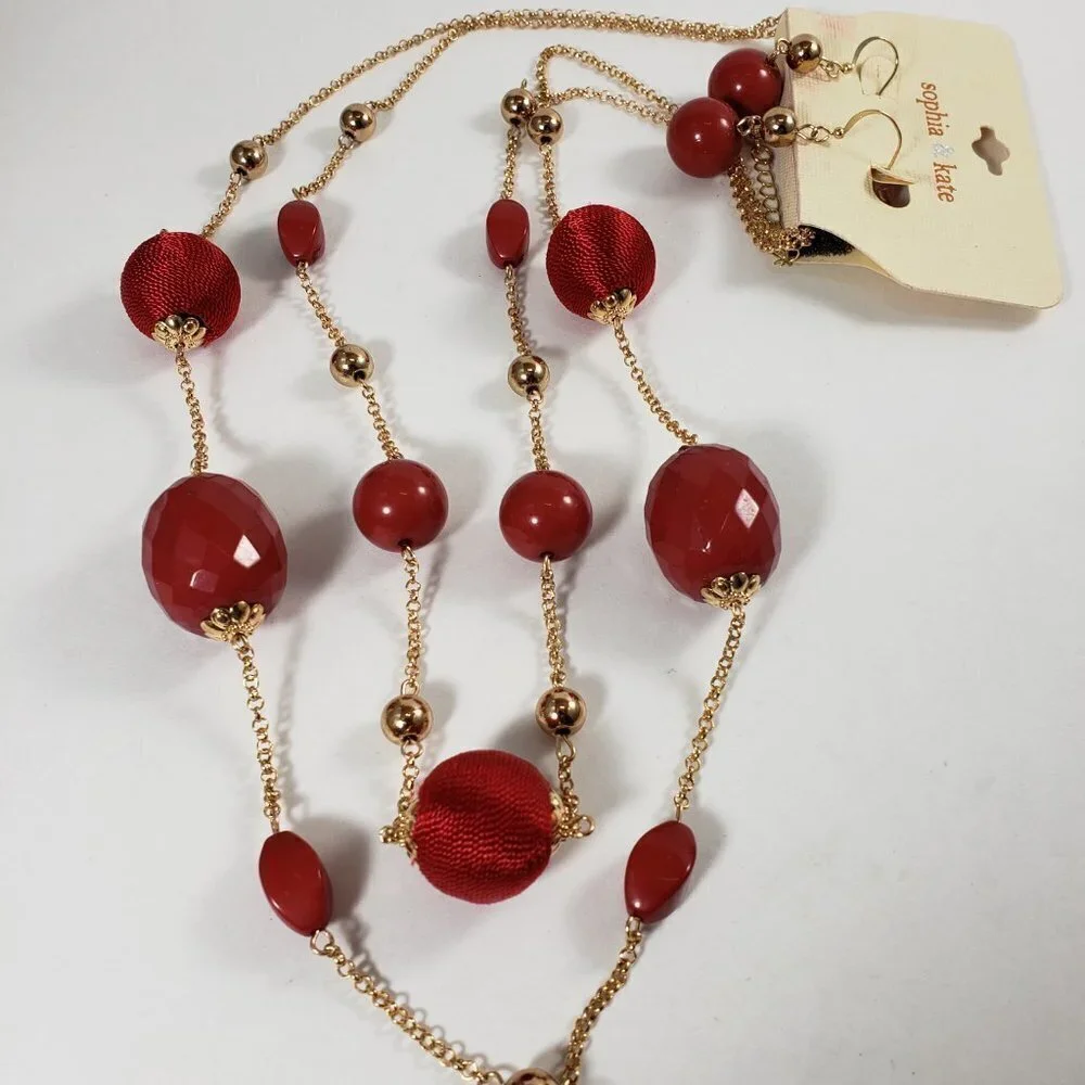 Elegant Red & Gold Beaded Necklace and Earrings Set — Festive Statement Jewelry